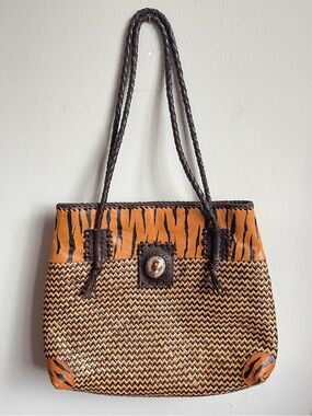 Woven Stripes + Tiger-Print Straw Tote Bag with Leather Straps + Shell Detail